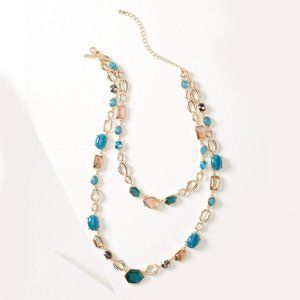 WHBM CONVERTIBLE Goldtone Blue GENUINE Gem Mix Double Row Statement Necklace